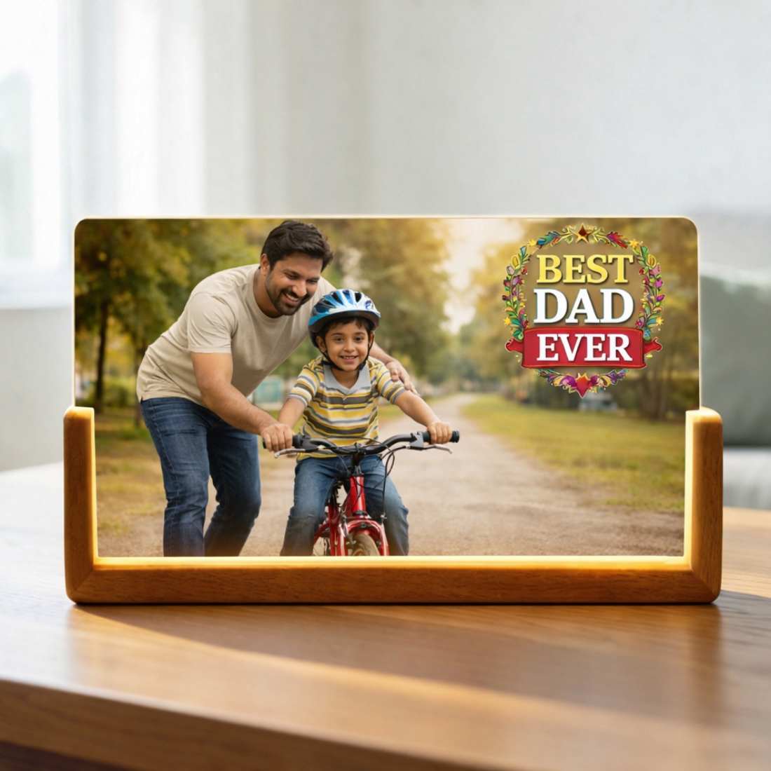 Personalized LED Light Photo Frame for Dad – Photo Desk Lamp with Wooden Base | Best Dad Ever Gift - Image 2