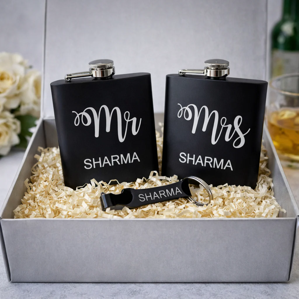 Personalized Mr & Mrs Hip Flask for Couple - Stainless Steel Alcohol Flask with Opener Gift Set - Image 2