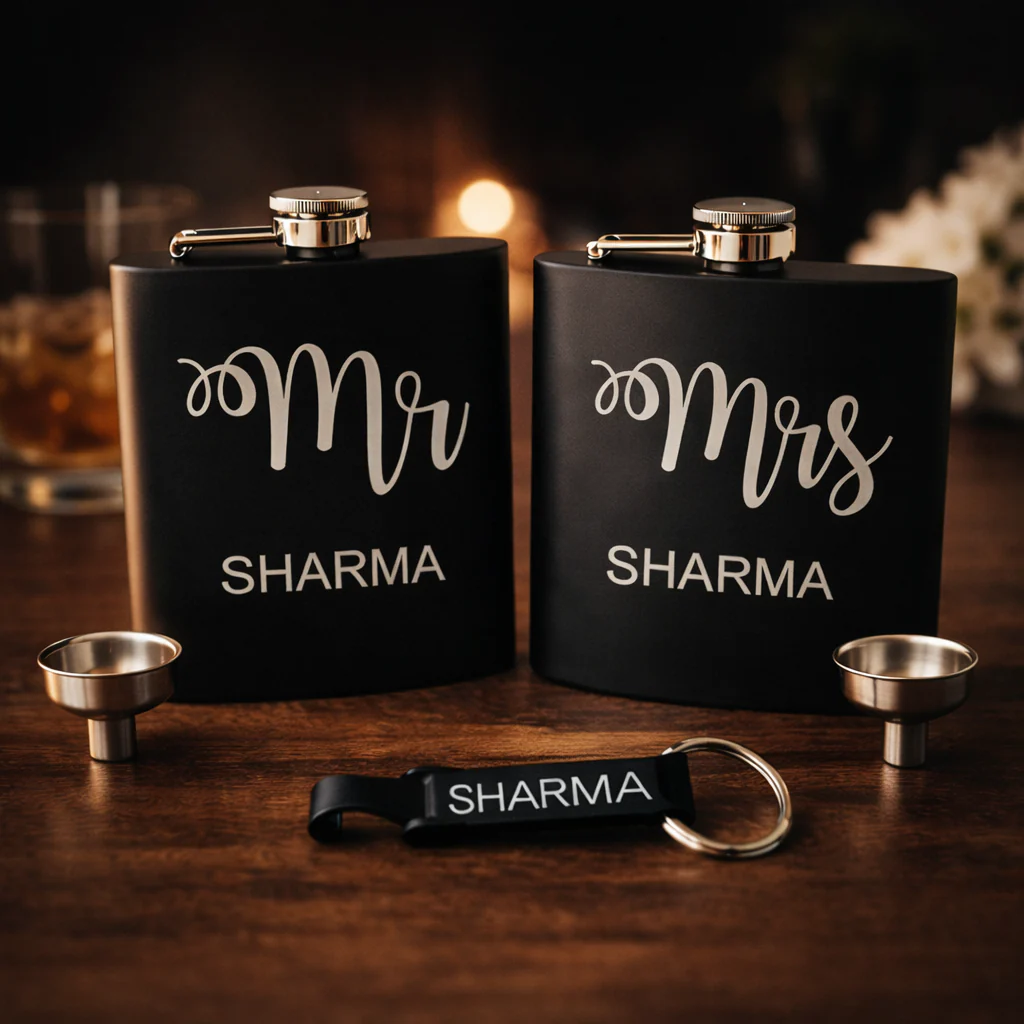 Personalized Mr & Mrs Hip Flask for Couple - Stainless Steel Alcohol Flask with Opener Gift Set - Image 3