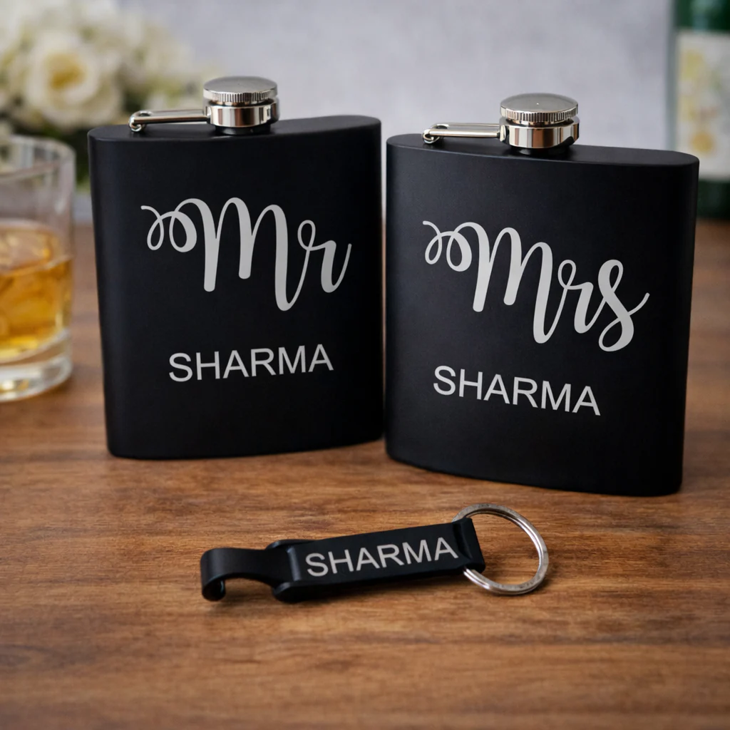 Personalized Mr & Mrs Hip Flask for Couple - Stainless Steel Alcohol Flask with Opener Gift Set - Image 4