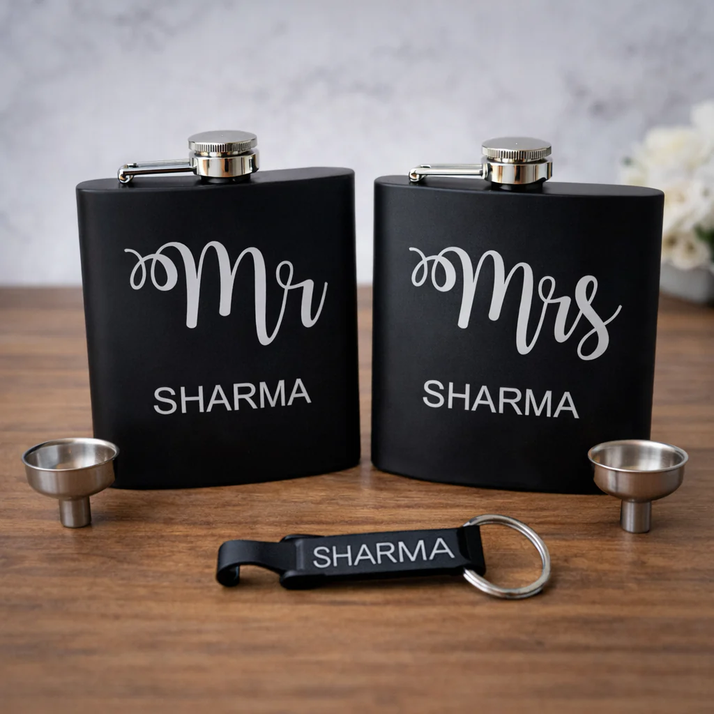 Personalized Mr & Mrs Hip Flask for Couple - Stainless Steel Alcohol Flask with Opener Gift Set - Image 5