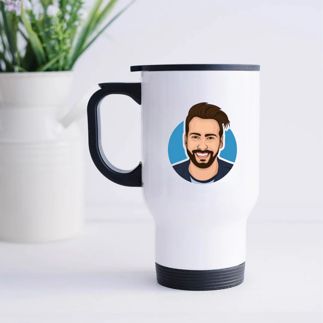 Personalized Photo Rakhi with Caricature Image Along with Custom Photo Coffee Tumbler and Chocolate - Image 11