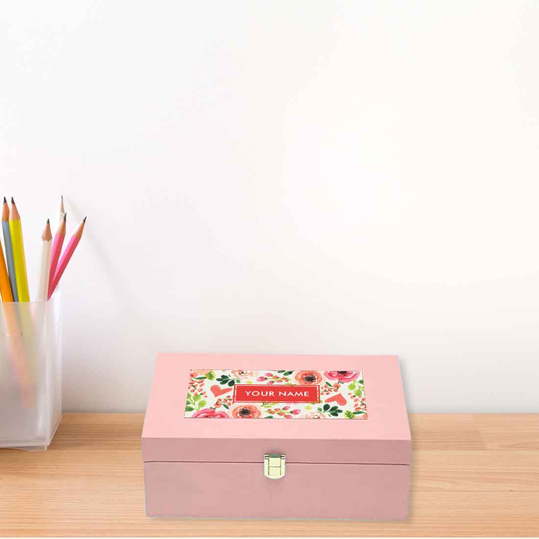 Custom Pink Gift Box with Name Vegan Leather - Flower - Image 4