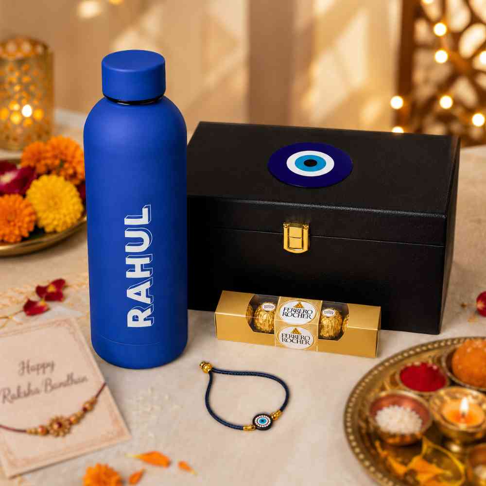 Personalized Rakhi Gift Set for Brother – Insulated Name Bottle & Evil Eye Rakhi