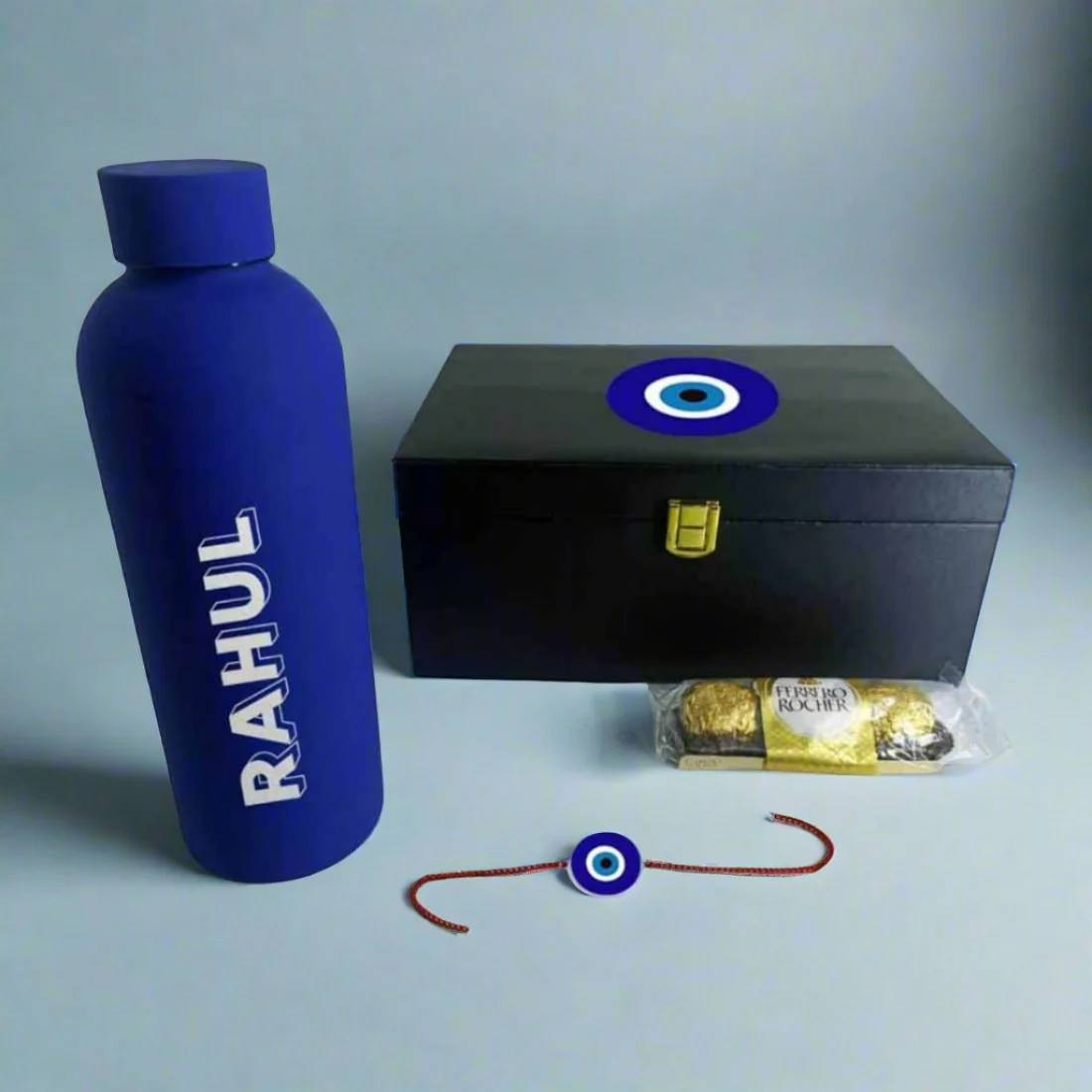 Personalized Rakhi Gift Set for Brother – Insulated Name Bottle & Evil Eye Rakhi - Image 10