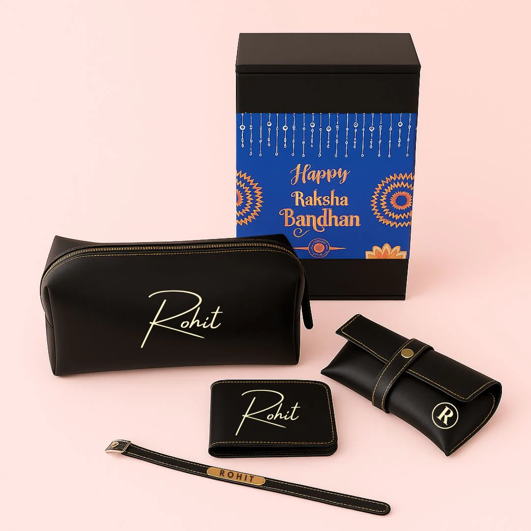 Personalized Raksha Bandhan Gift Set for Brother - Faux Leather Pouch, Wallet, Glass Holder & Rakhi - Available in Black & Brown - Image 2