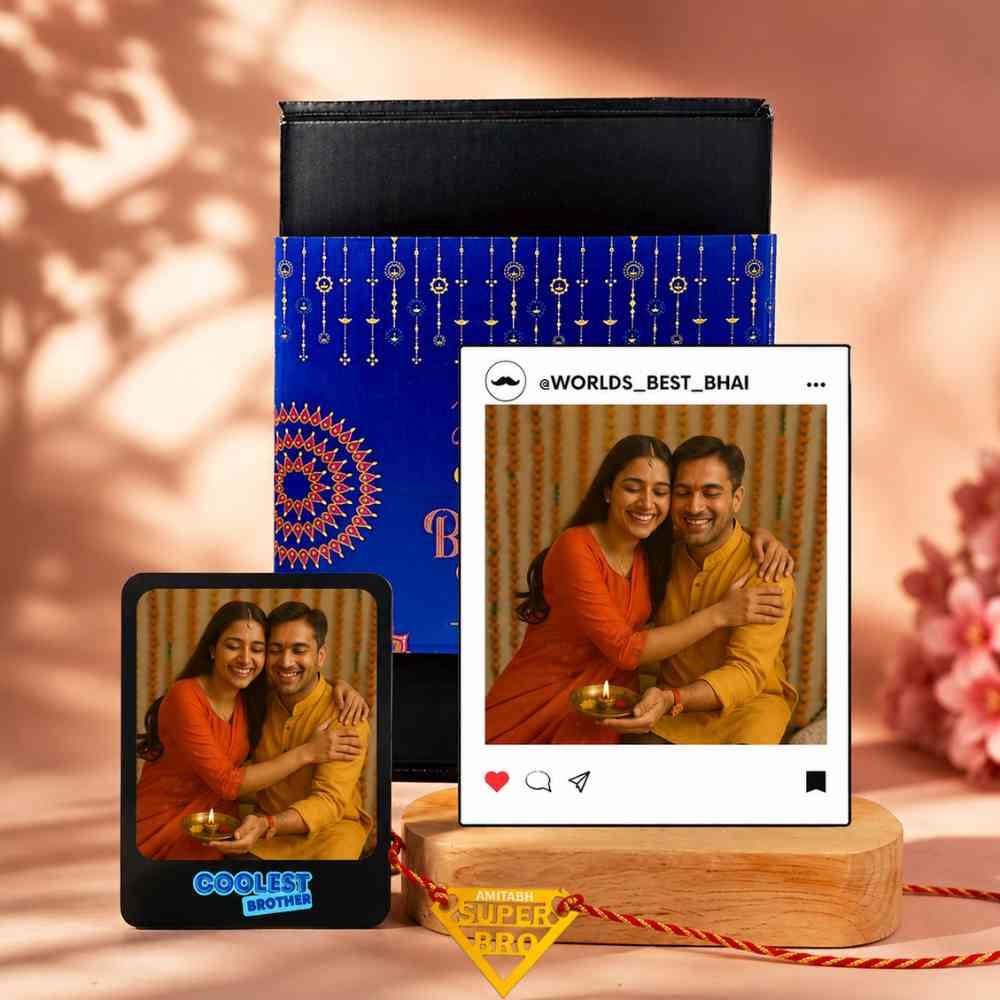 Personalized Raksha Bandhan Gift Set for Brother – LED Photo Table Lamp, Fridge Magnet & Super Bro Acrylic Rakhi