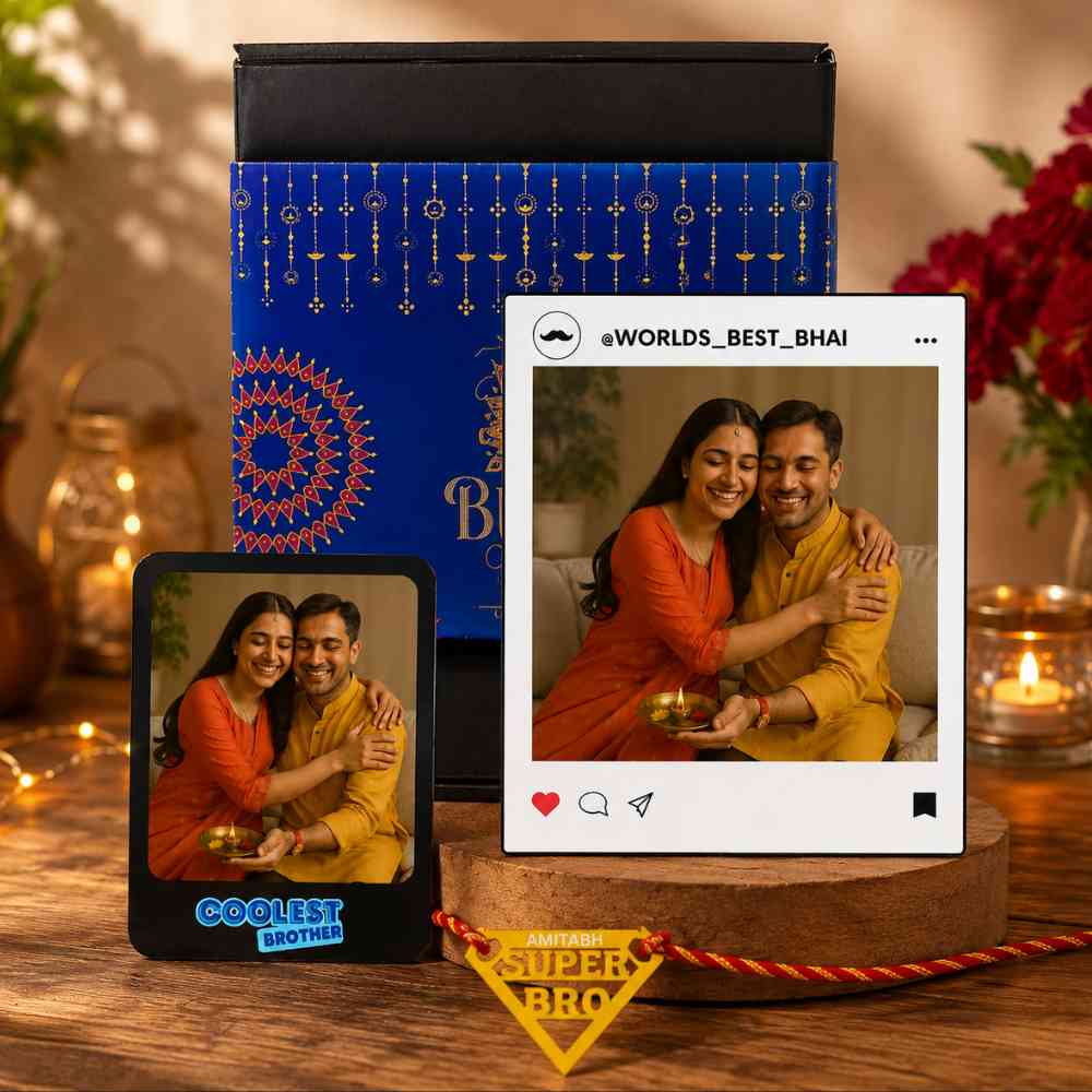 Personalized Raksha Bandhan Gift Set for Brother – LED Photo Table Lamp, Fridge Magnet & Super Bro Acrylic Rakhi - Image 2
