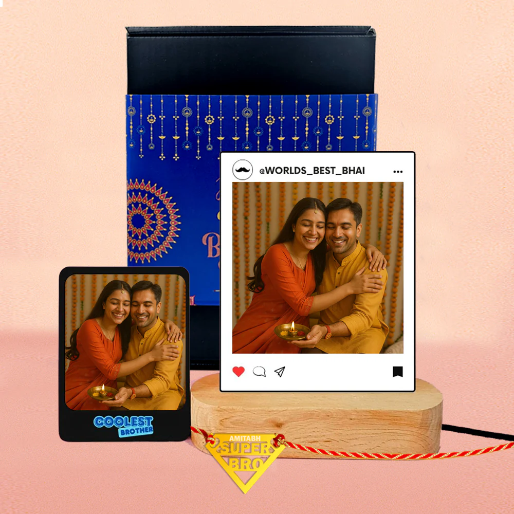 Personalized Raksha Bandhan Gift Set for Brother – LED Photo Table Lamp, Fridge Magnet & Super Bro Acrylic Rakhi - Image 3
