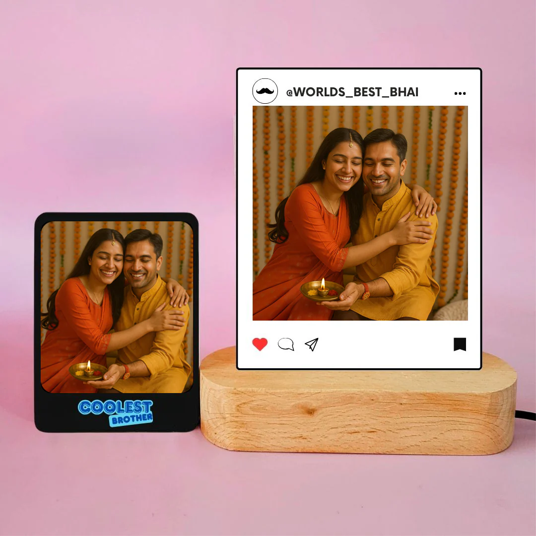 Personalized Raksha Bandhan Gift Set for Brother – LED Photo Table Lamp, Fridge Magnet & Super Bro Acrylic Rakhi - Image 4