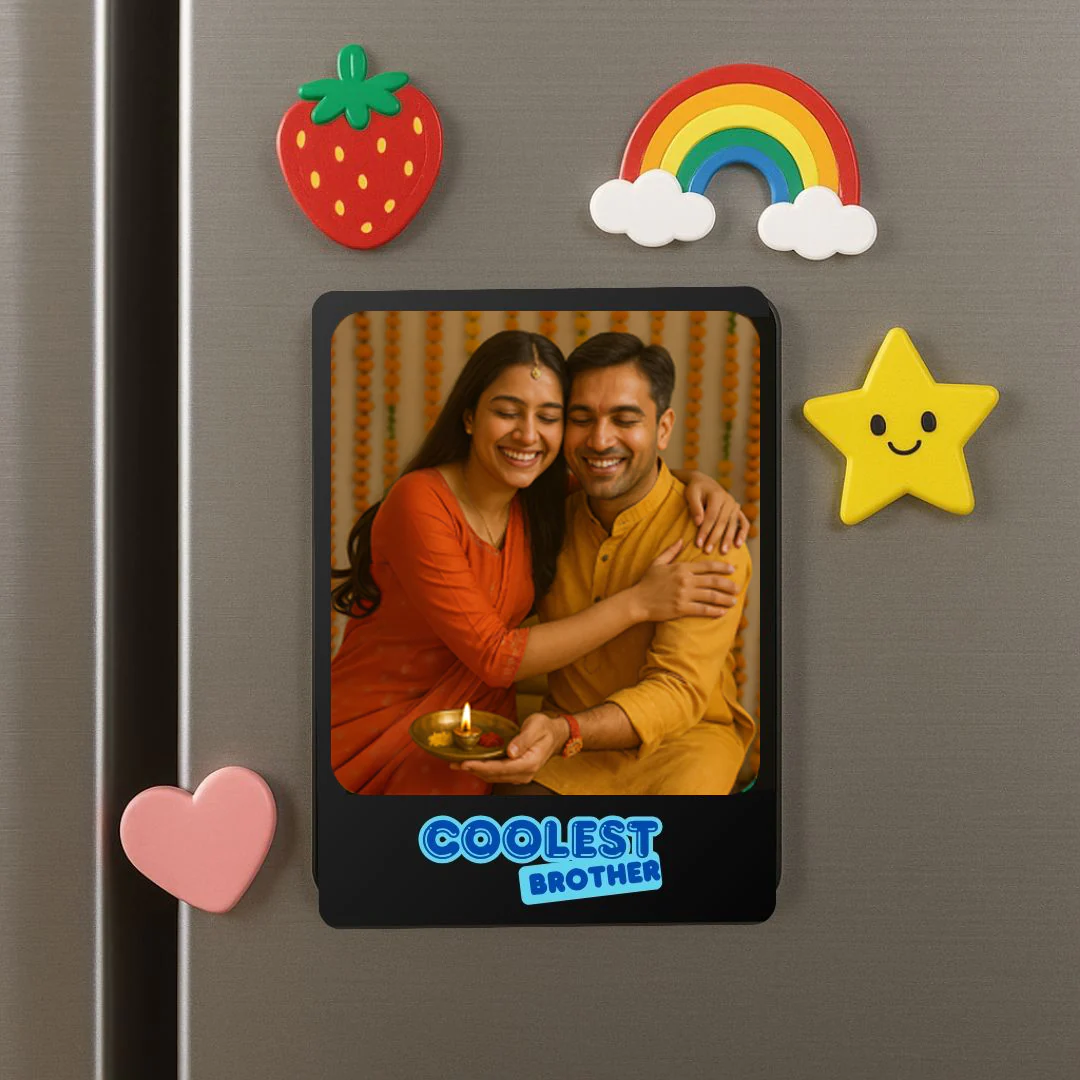 Personalized Raksha Bandhan Gift Set for Brother – LED Photo Table Lamp, Fridge Magnet & Super Bro Acrylic Rakhi - Image 5