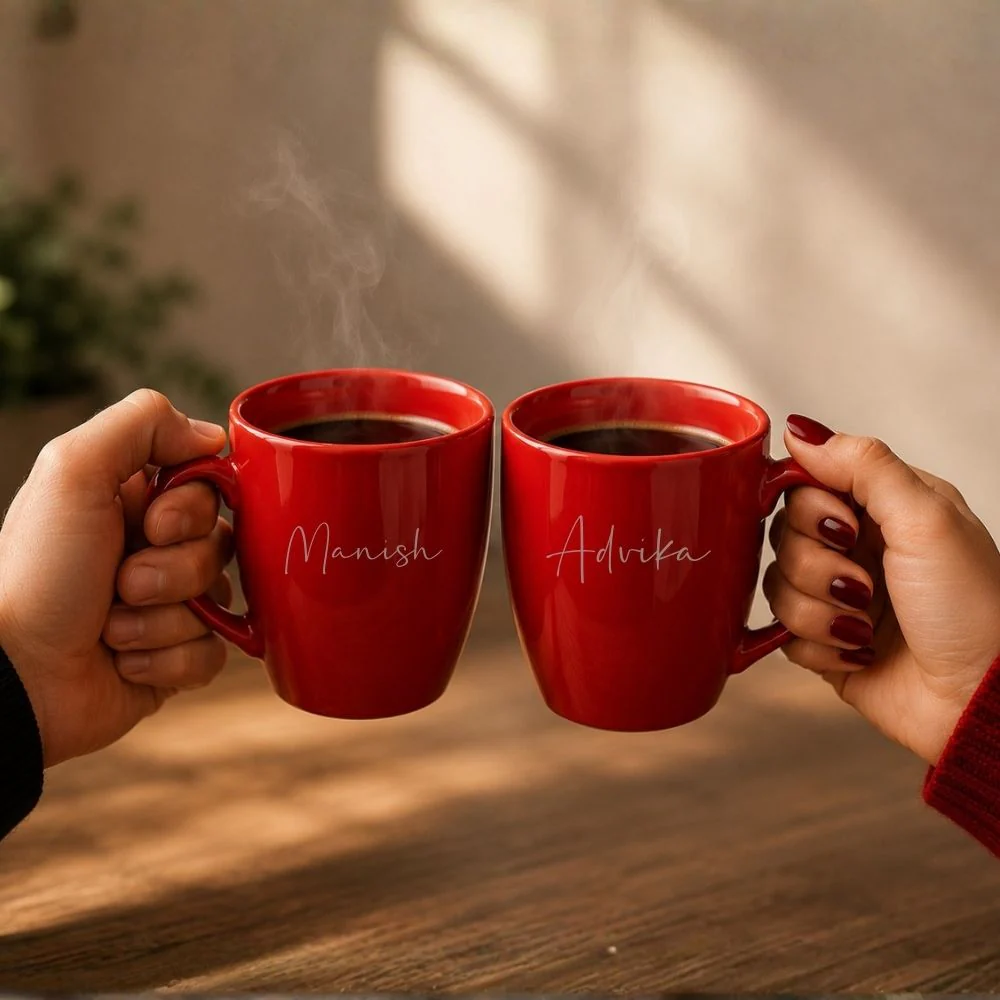 Personalized Red Mugs | Custom Ceramic Coffee Cups Set of 2 | 350 ML Tea Cups - Image 4