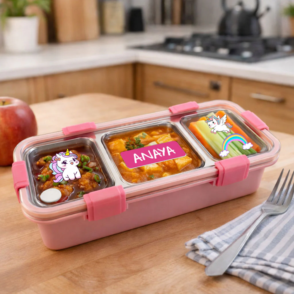 Personalized Stainless Steel Tiffin Box for Kids - 3 Compartment Leak-Proof Lunch Box with Metal Spoon & Cutlery Slot - Cute Unicorn - Image 2