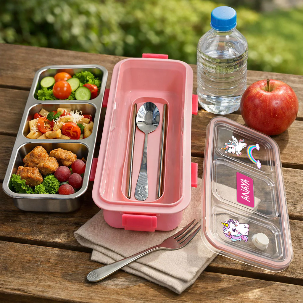 Personalized Stainless Steel Tiffin Box for Kids - 3 Compartment Leak-Proof Lunch Box with Metal Spoon & Cutlery Slot - Cute Unicorn - Image 3