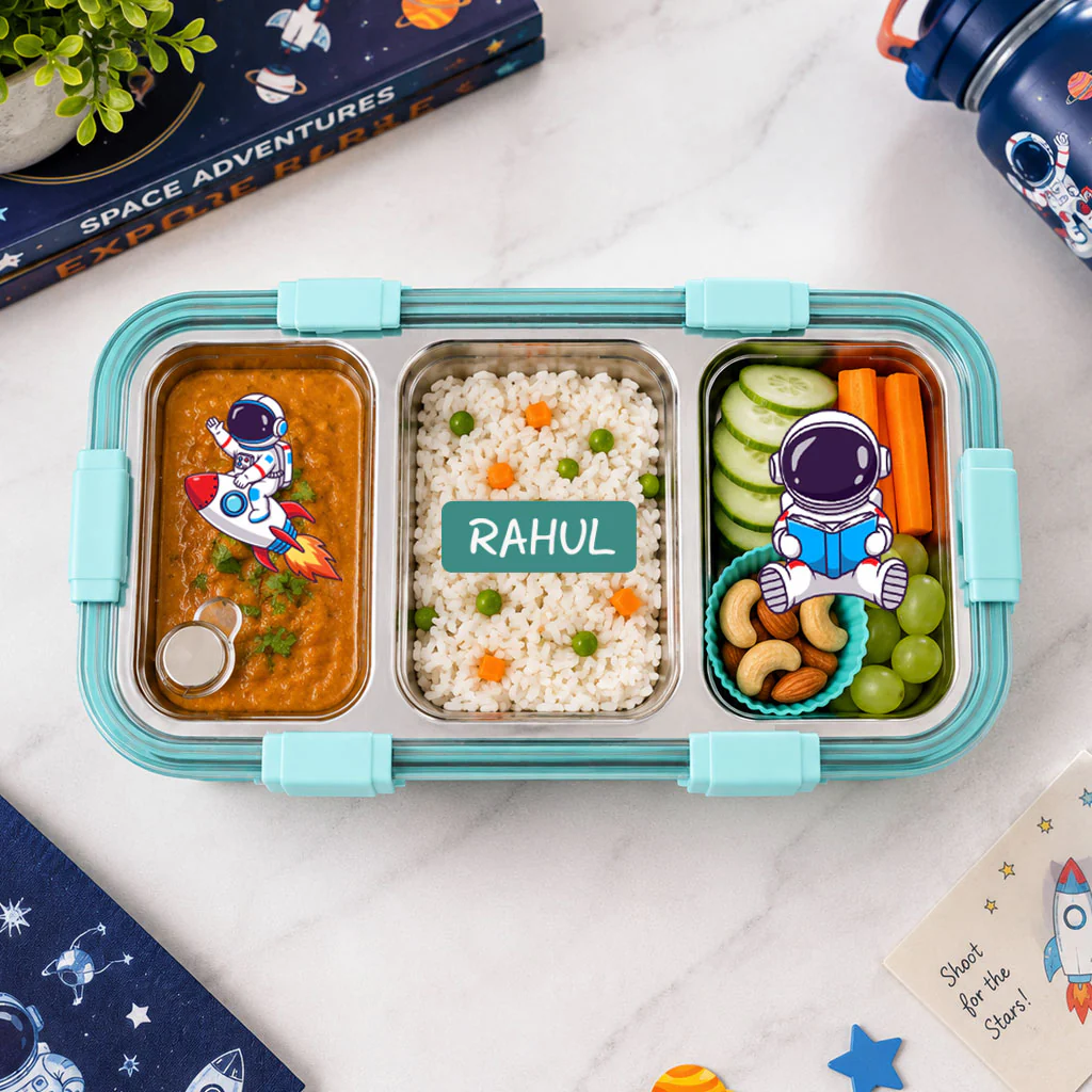 Personalized Stainless Steel Tiffin Box for Kids - 3 Compartment Leak-Proof Lunch Box with Metal Spoon & Cutlery Slot
