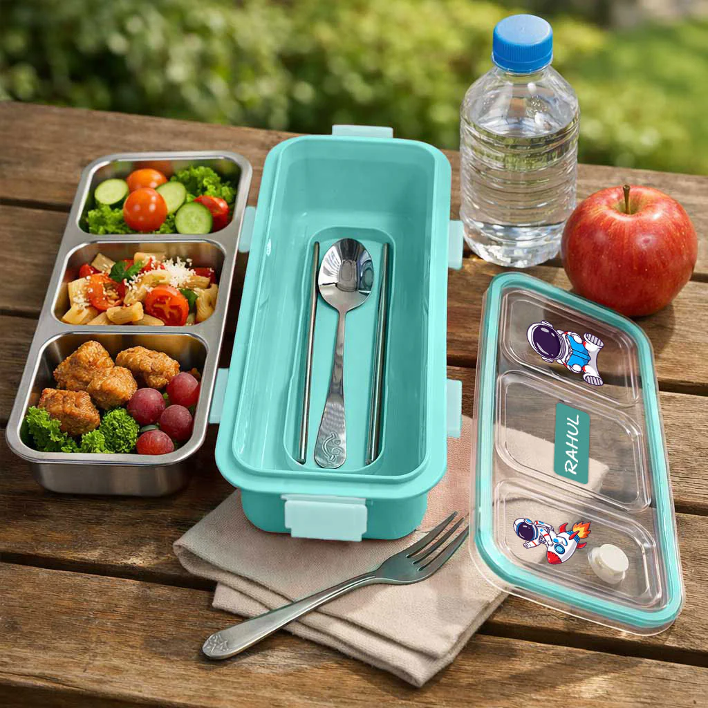 Personalized Stainless Steel Tiffin Box for Kids - 3 Compartment Leak-Proof Lunch Box with Metal Spoon & Cutlery Slot - Image 5