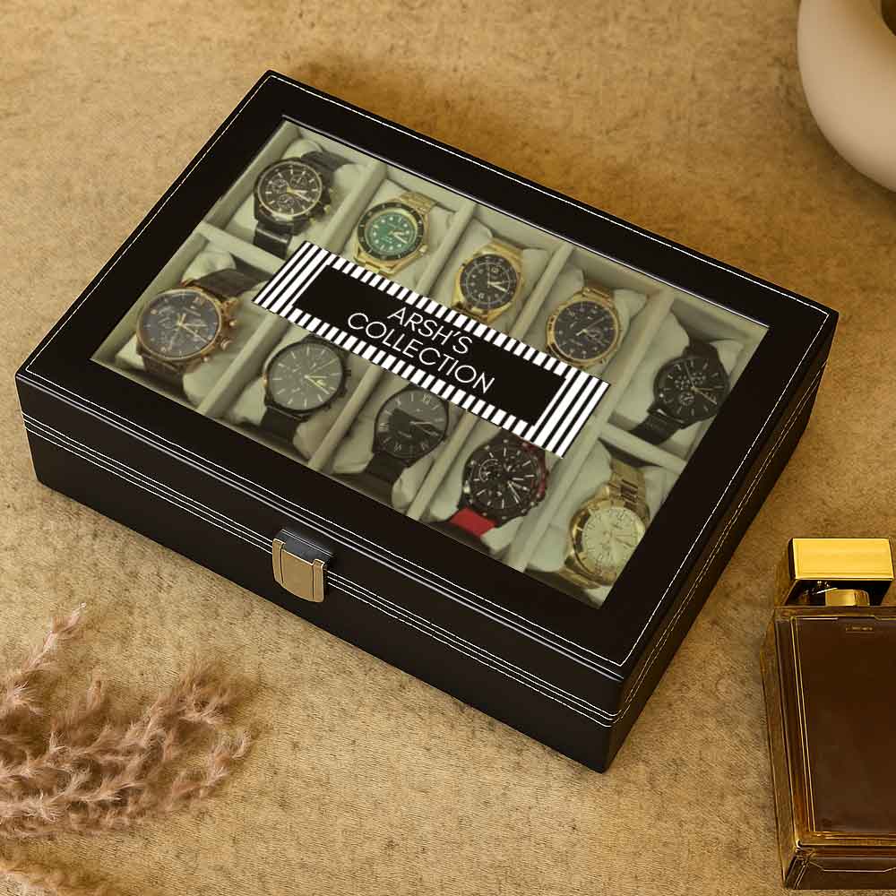 Personalized Watch Box-Stores 6, 10 Watches PU Leather Storage Case-Black - Image 10