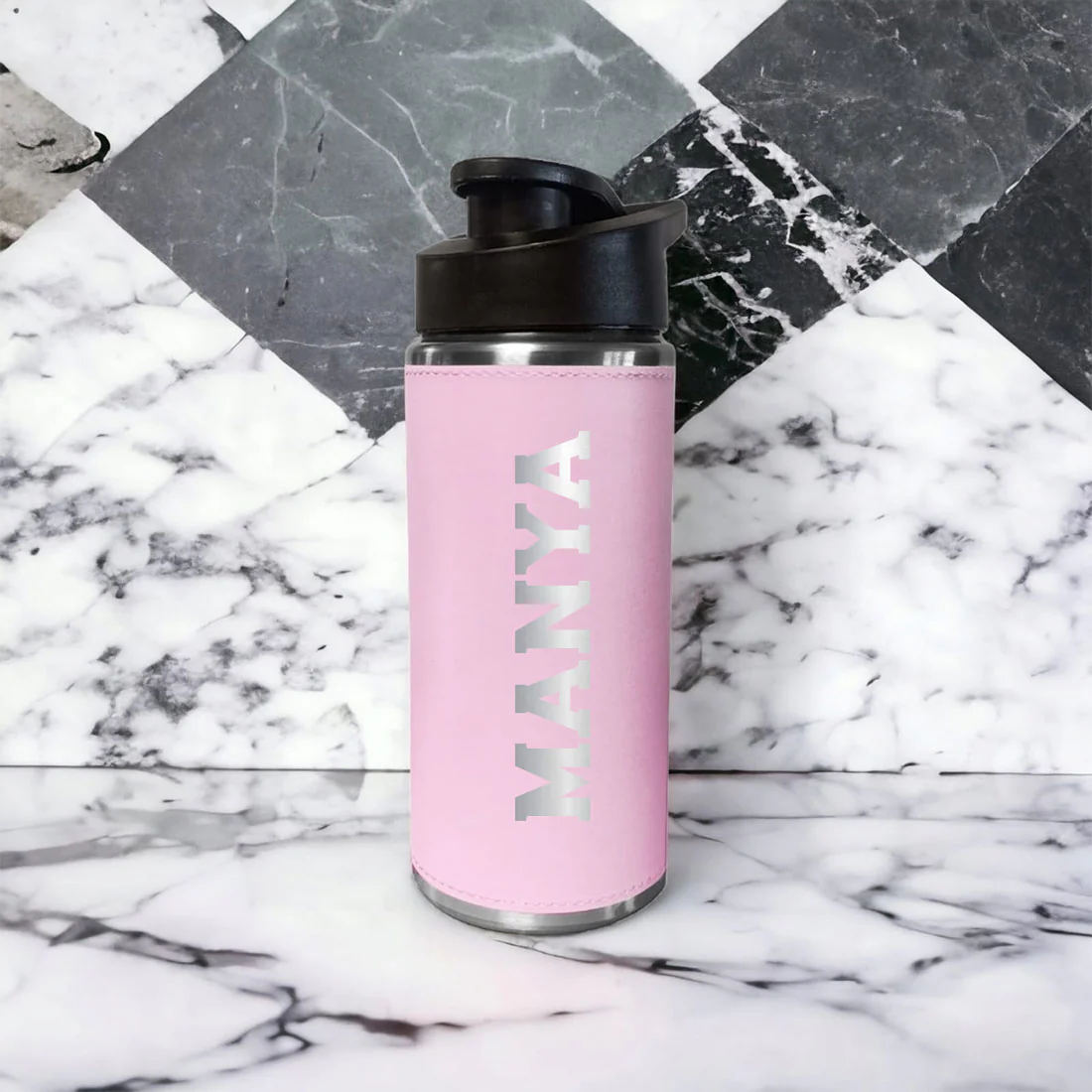 Personalized Water Bottle With Name - Stylish PU Leather Pink Sipper Bottle For Girls  (Gold & Silver) - Image 2