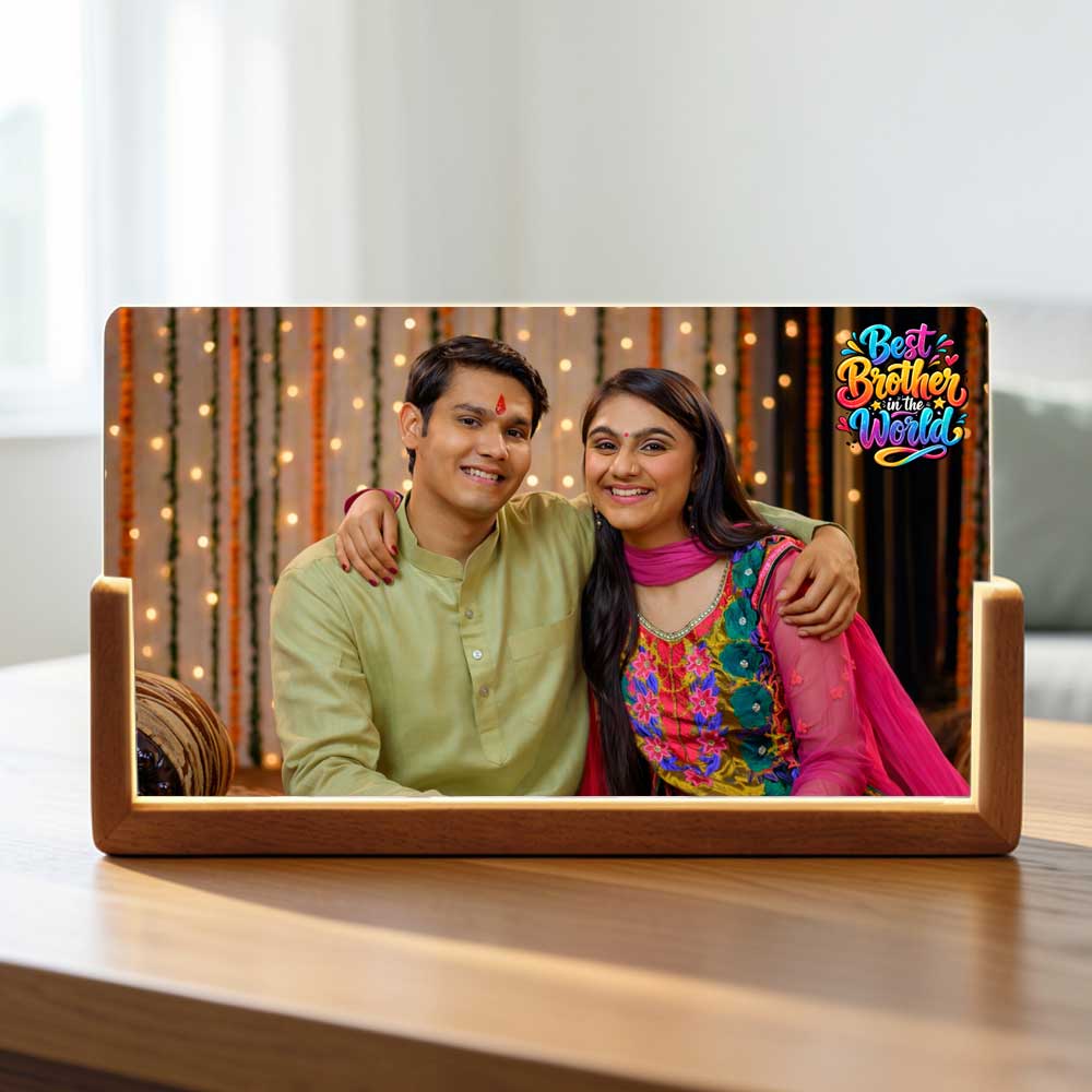 Personalized Acrylic LED Photo Night Light with Wooden Base - Brother Sister Sibling Gift For Rakhi - Image 2