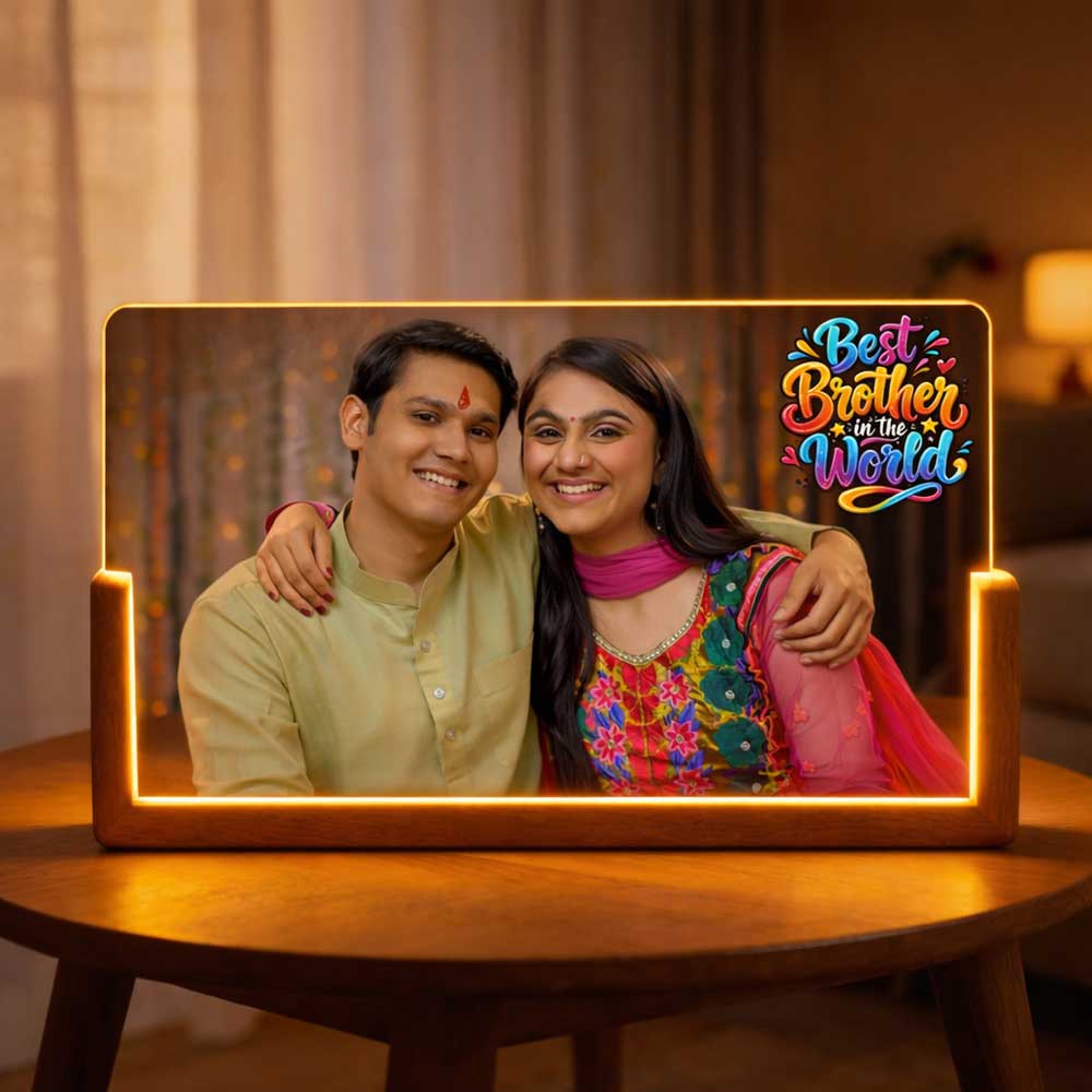 Personalized Acrylic LED Photo Night Light with Wooden Base - Brother Sister Sibling Gift For Rakhi - Image 3