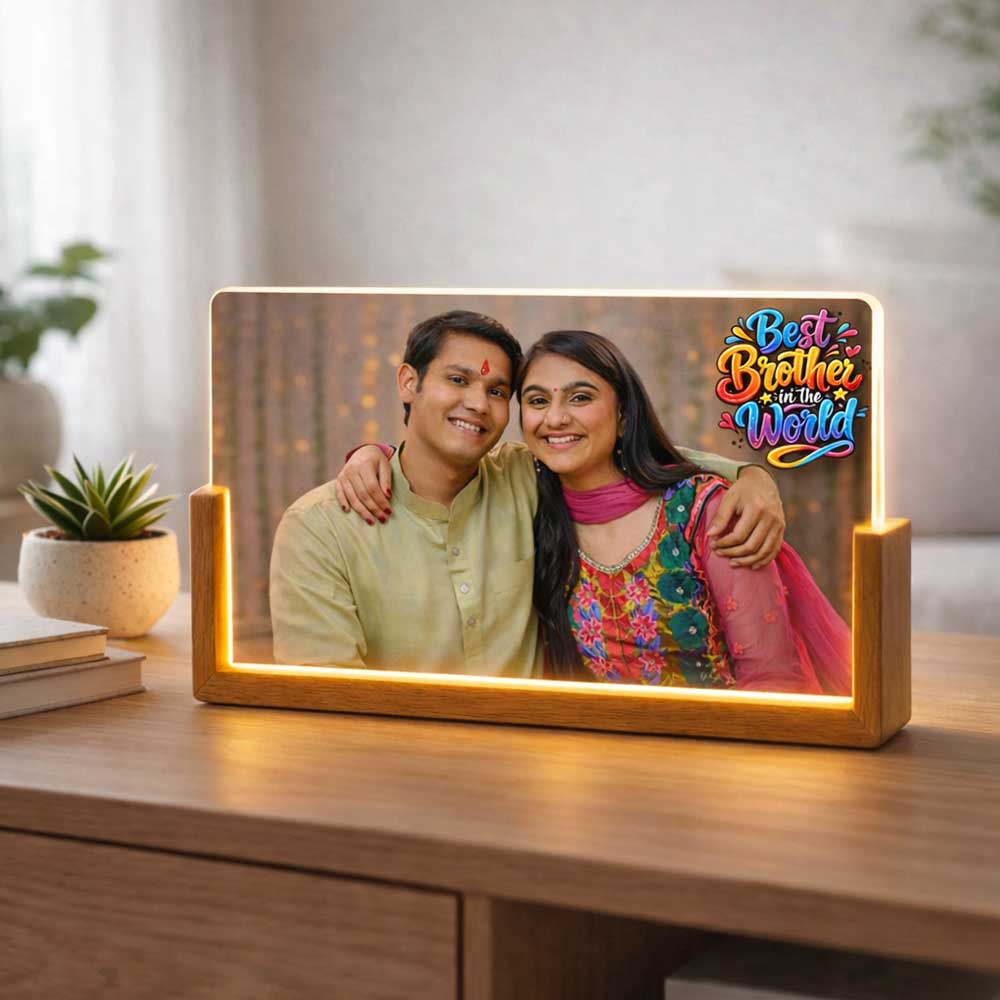 Personalized Acrylic LED Photo Night Light with Wooden Base - Brother Sister Sibling Gift For Rakhi - Image 4