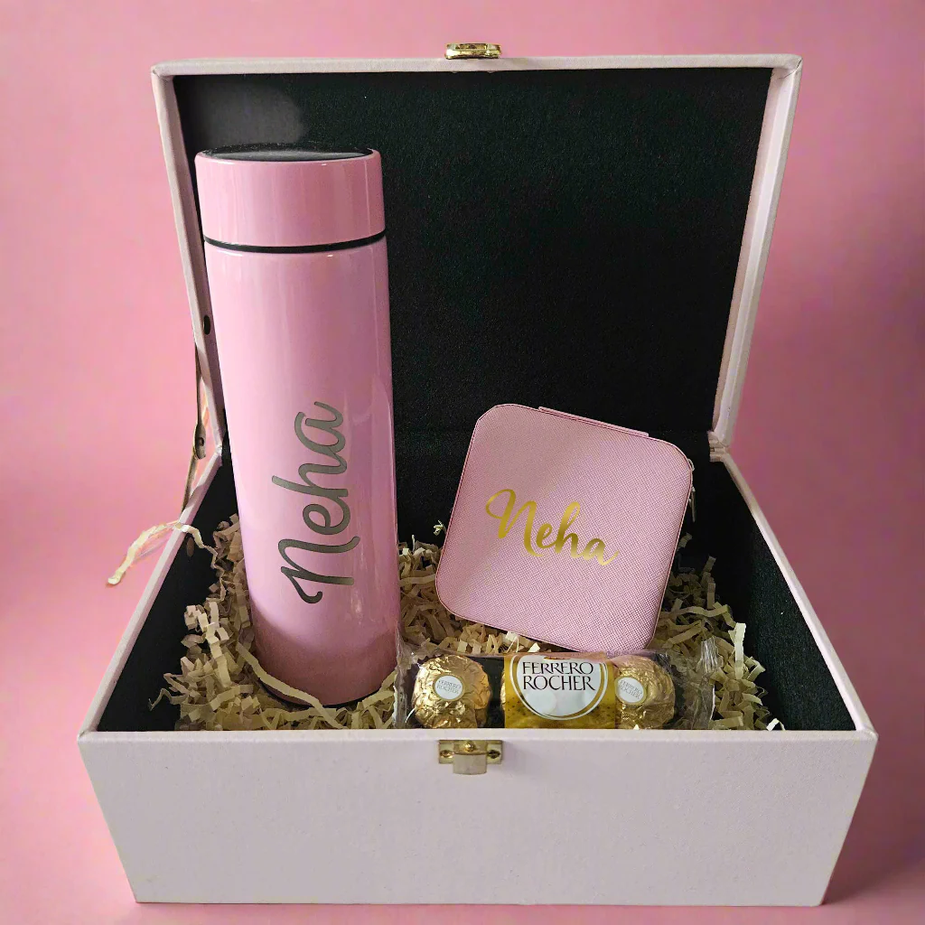 Black/Pink Gift Box for Her with Pink Temperature Tea Coffee Flask Bottle, Jewellery Box & Chocolates