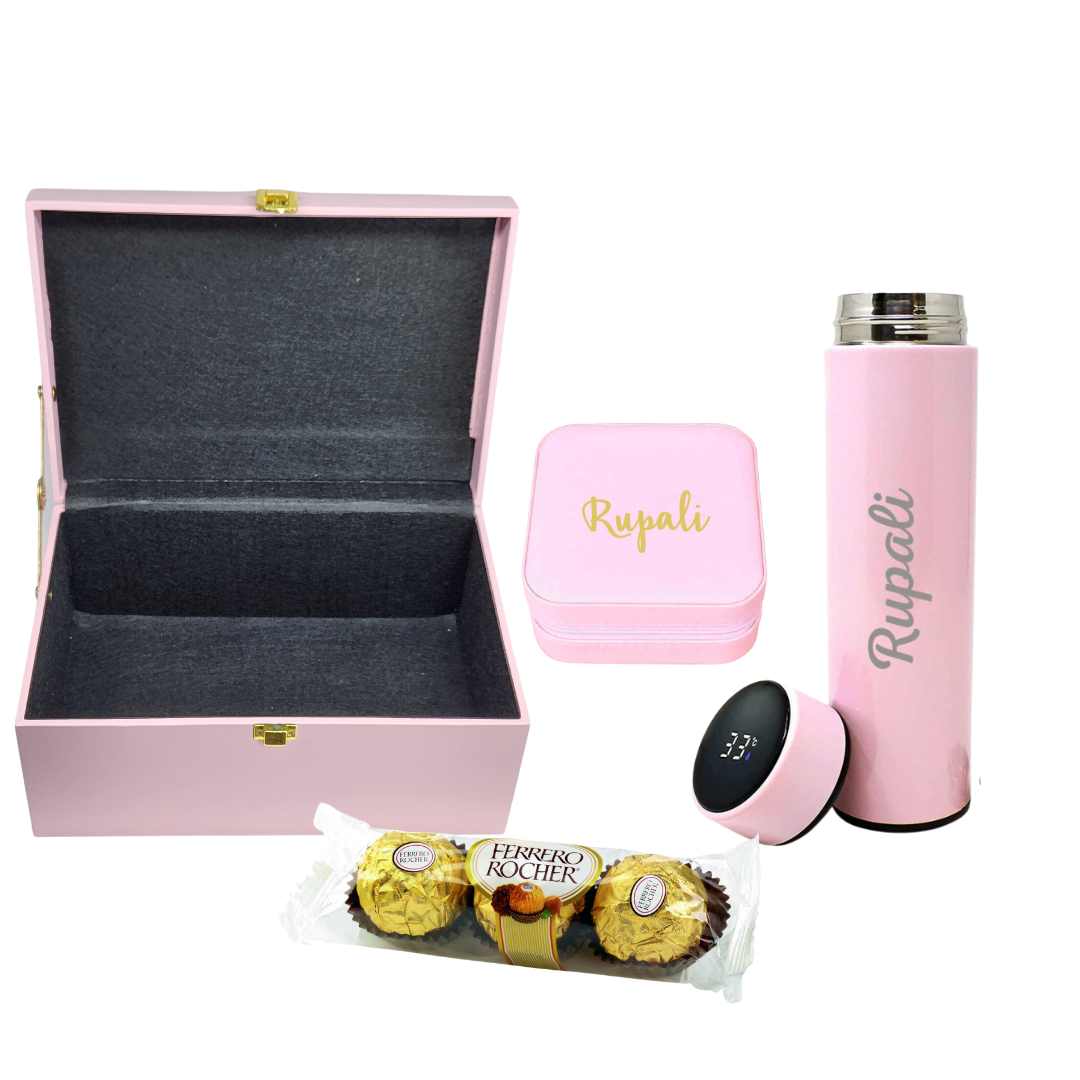 Black/Pink Gift Box for Her with Pink Temperature Tea Coffee Flask Bottle, Jewellery Box & Chocolates - Image 10