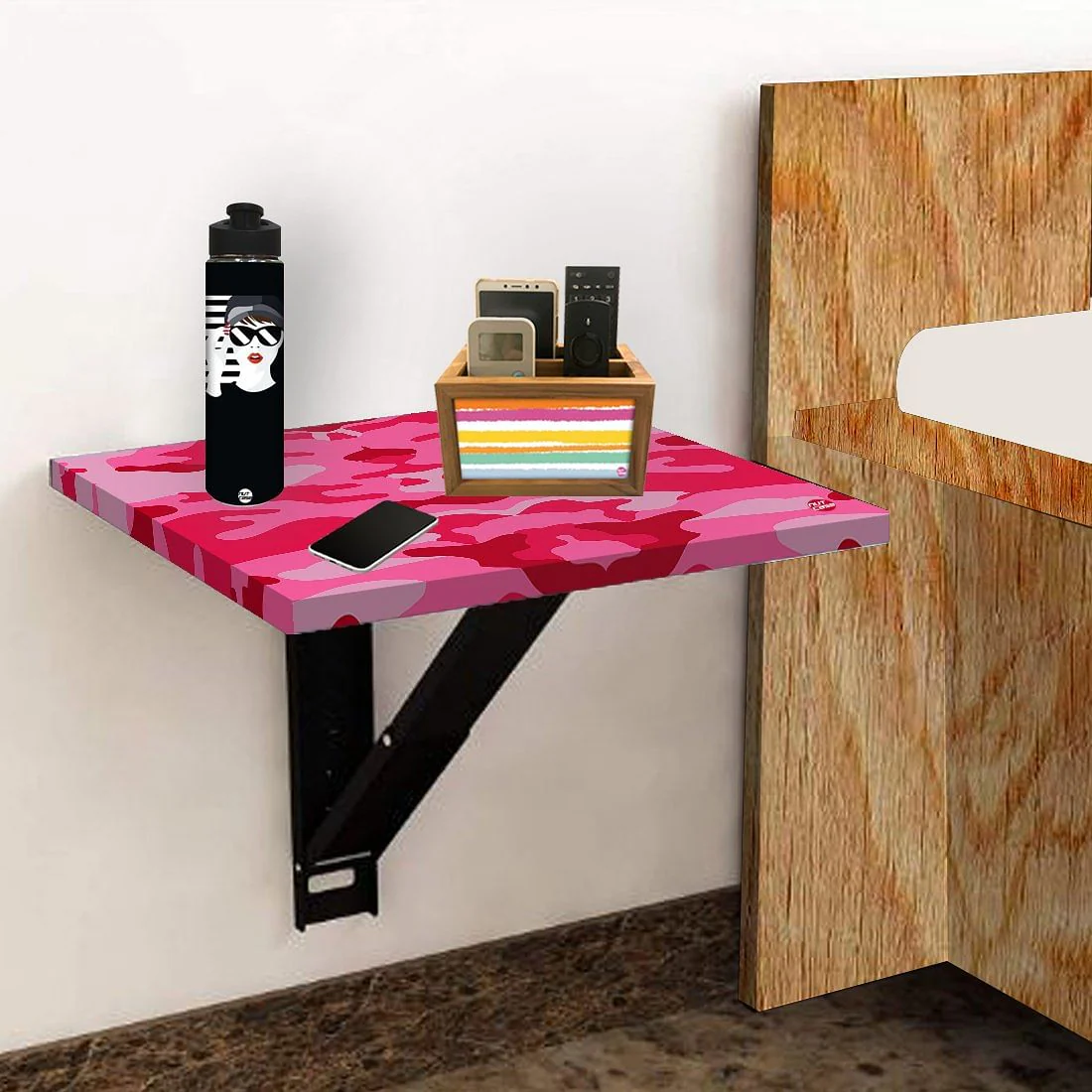 Folding Wall Mount Bedside Table - Army Camouflage Pink - Image 5