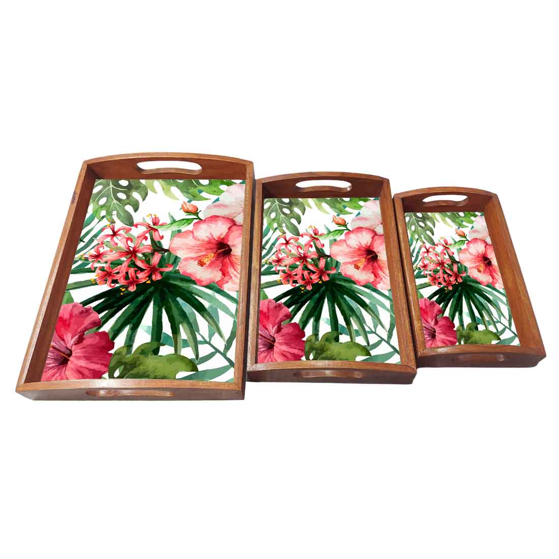 Rectangular Shaped Wooden Coffee Serving Tray Set of 3 - Hibiscus - Image 4