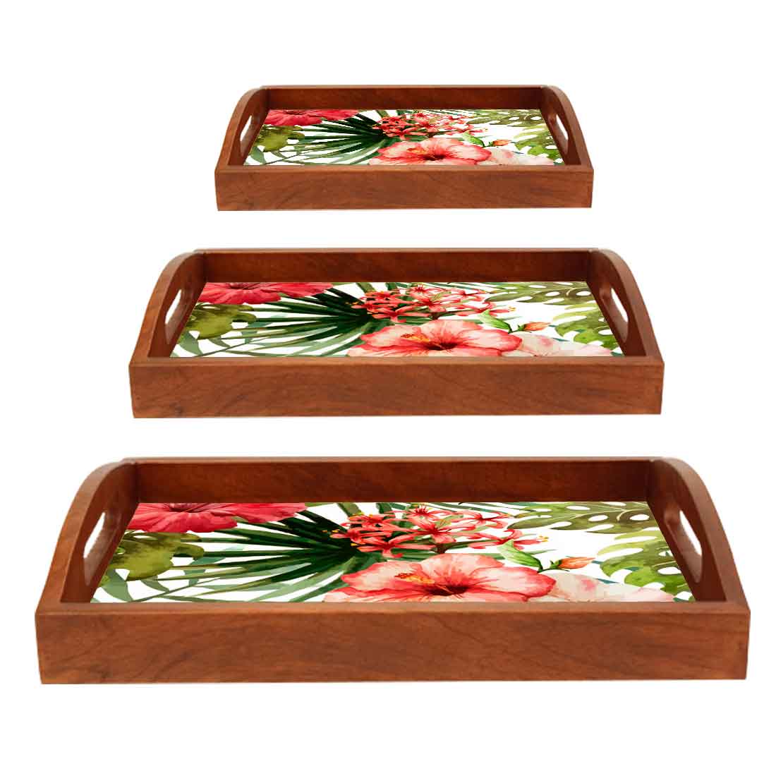 Rectangular Shaped Wooden Coffee Serving Tray Set of 3 - Hibiscus - Image 6