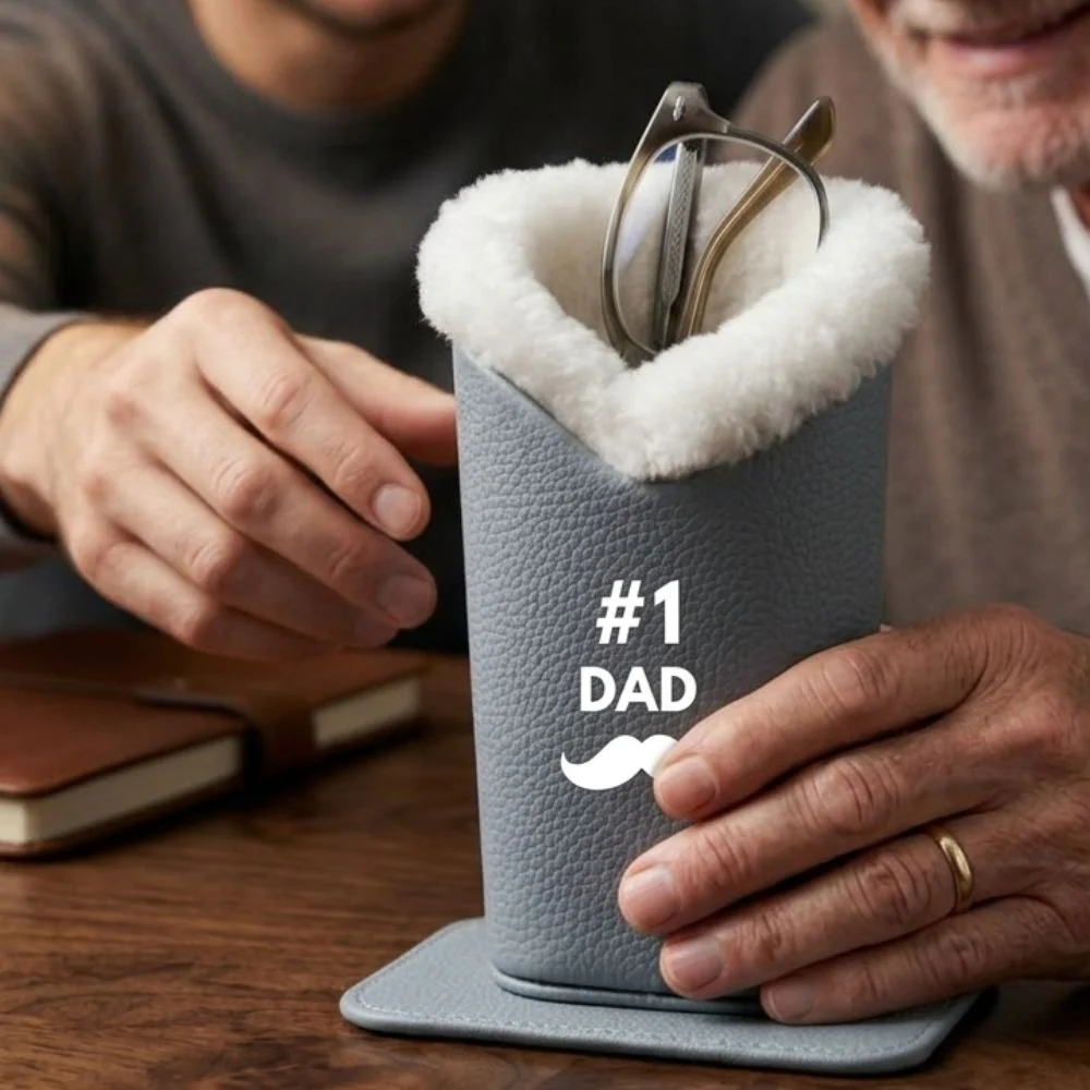 Plush Eyeglasses Holder for Dad | Fathers Day Gift | Faux Leather Pen Stand Case with Magnetic Base - Image 5