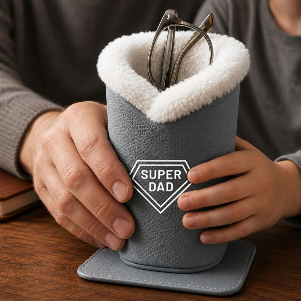 Plush Eyeglasses Holder for Dad | Fathers Day Gift | Faux Leather Pen Stand Case with Magnetic Base - Image 6