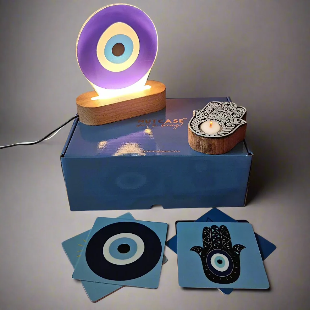 Powerful Evil Eye Protection With LED Lamp Coasters And Hamsa Hand Candle Gift Set - Image 3