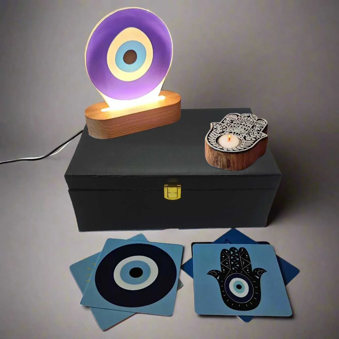 Powerful Evil Eye Protection With LED Lamp Coasters And Hamsa Hand Candle Gift Set - Image 6