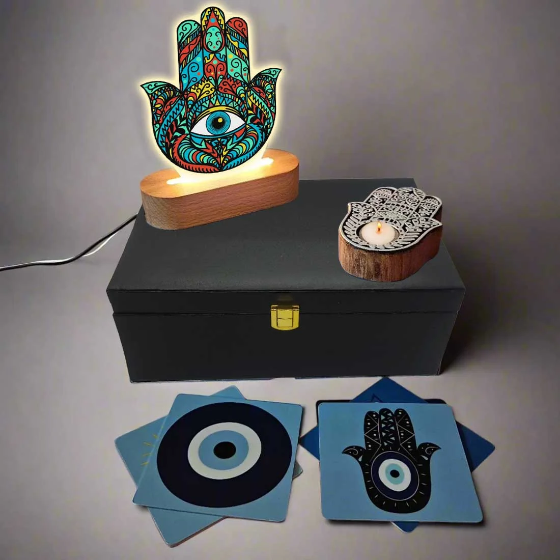 Powerful Hamsa Hand Protection with LED Lamp Coasters and Evil Eye Candle Gift Set - Image 5