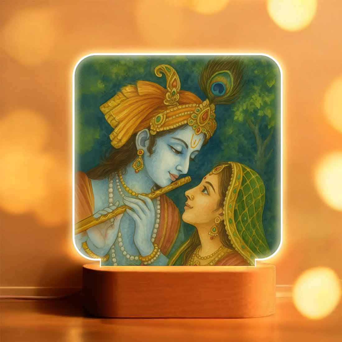 Radha Krishna Lamp with Wooden Base – Warm Glow Lamp for Pooja Room & Gifting - Image 2