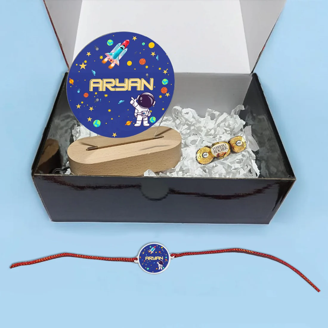 Rakhi for Little Brother Kids Gifts - Space Theme LED Lamp , Personalized Rakhi and Chocolate - Image 2