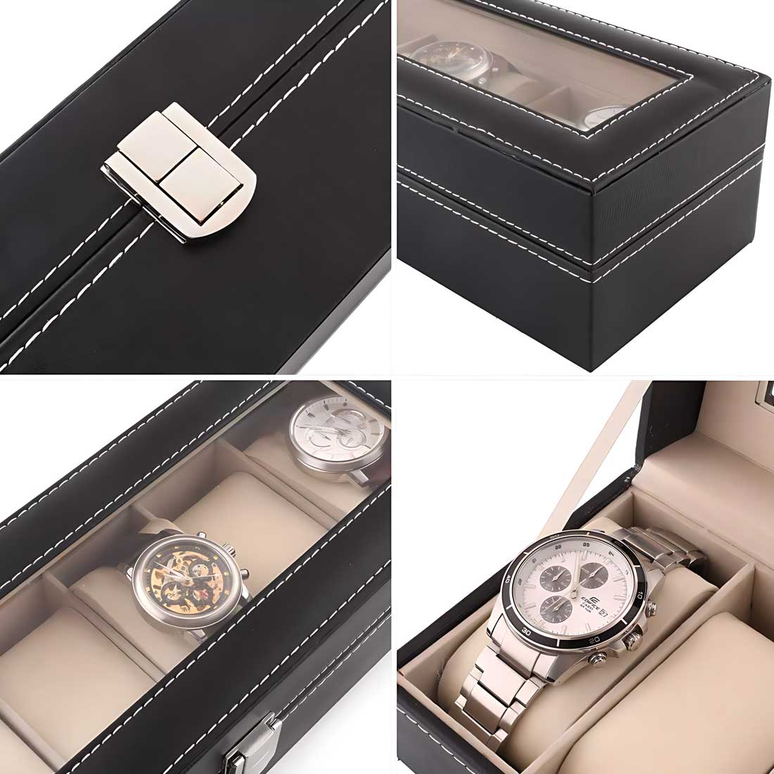 Custom Watch Box for Men - Black PU Leather Watch Organizer with 6 Slots - Image 4