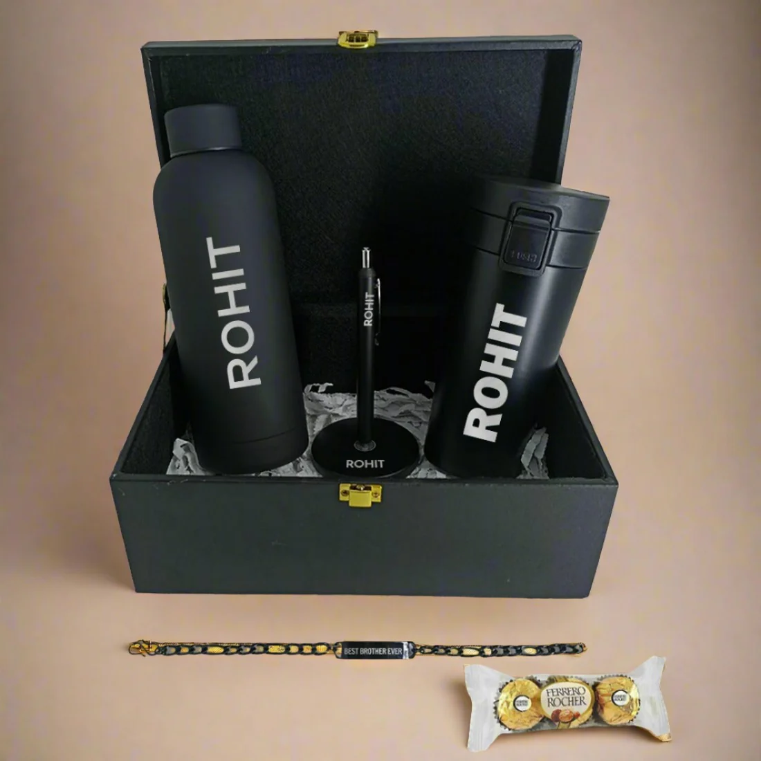 Rakhi Gift for Brother-Gift Set Box with Custom Bottle, Coffee Tumbler, Bracelet Rakhi & Magnetic Pen - Image 2