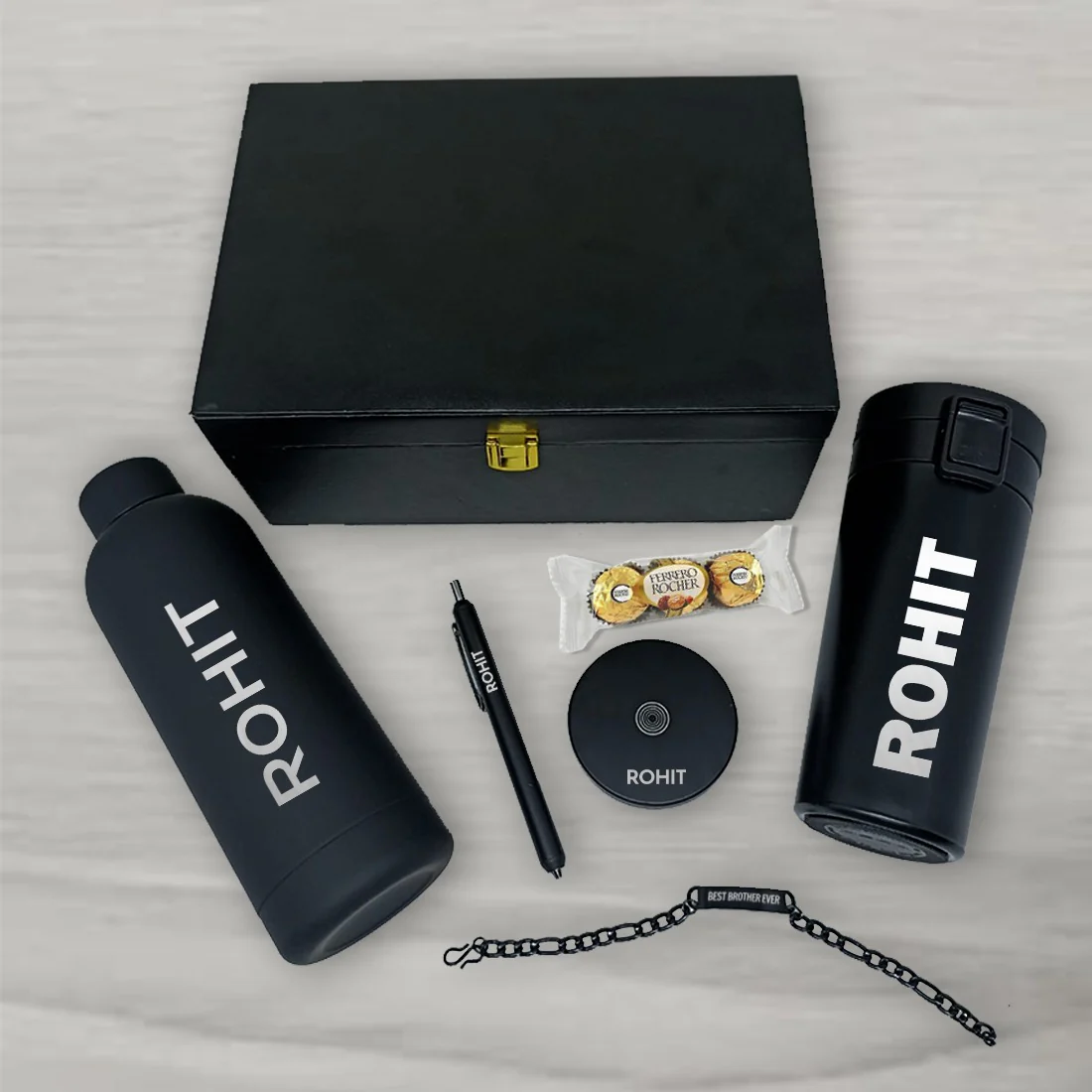 Rakhi Gift for Brother-Gift Set Box with Custom Bottle, Coffee Tumbler, Bracelet Rakhi & Magnetic Pen - Image 3