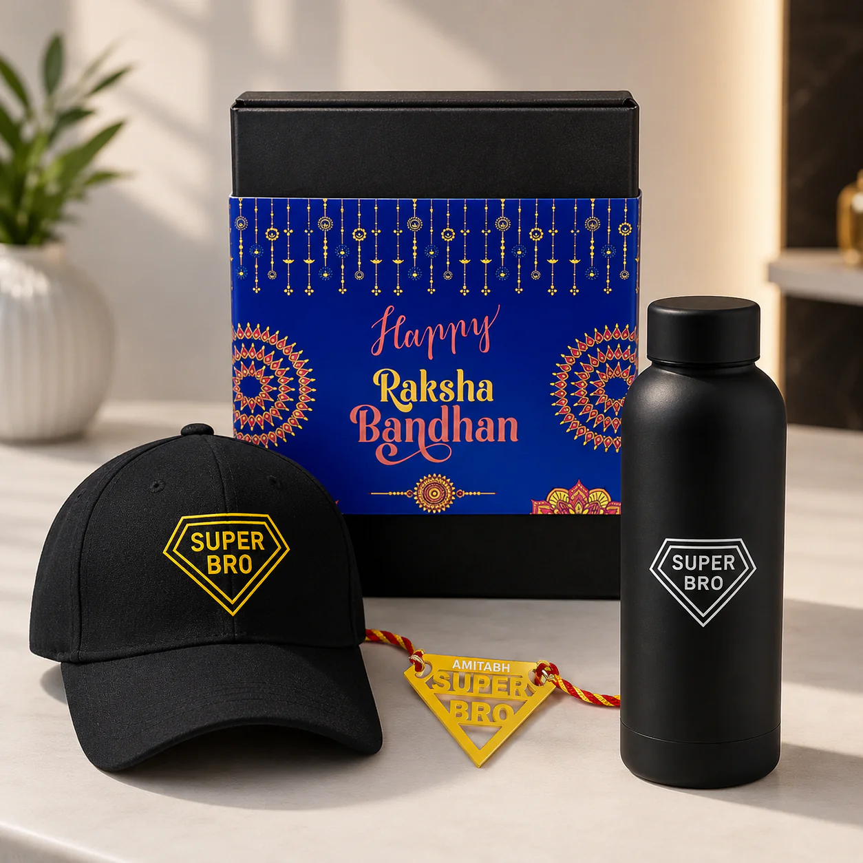 Raksha Bandhan Gift for Brother – Super Bro Black Cap with Golden Acrylic Rakhi