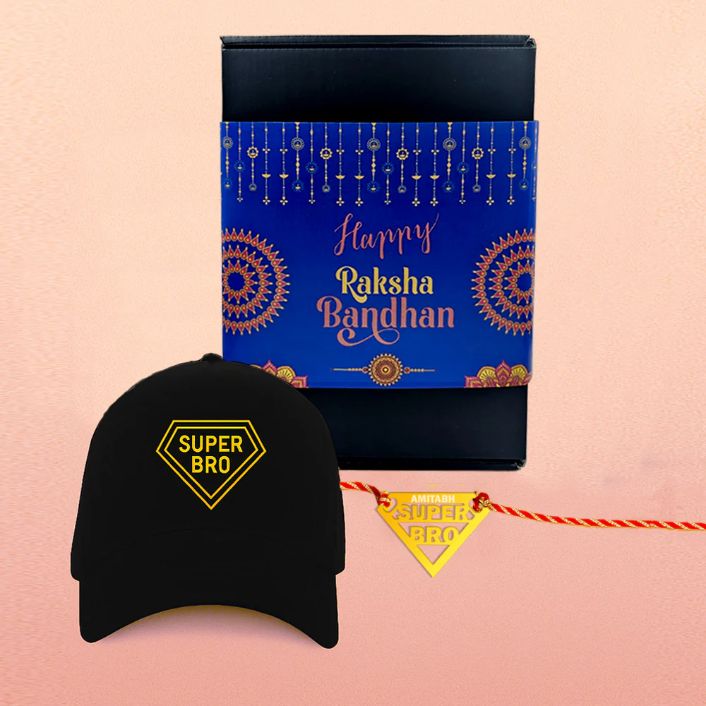 Raksha Bandhan Gift for Brother – Super Bro Black Cap with Golden Acrylic Rakhi - Image 11
