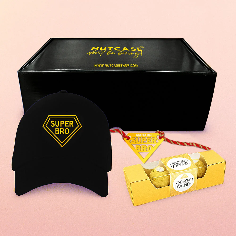 Raksha Bandhan Gift for Brother – Super Bro Black Cap with Golden Acrylic Rakhi - Image 12