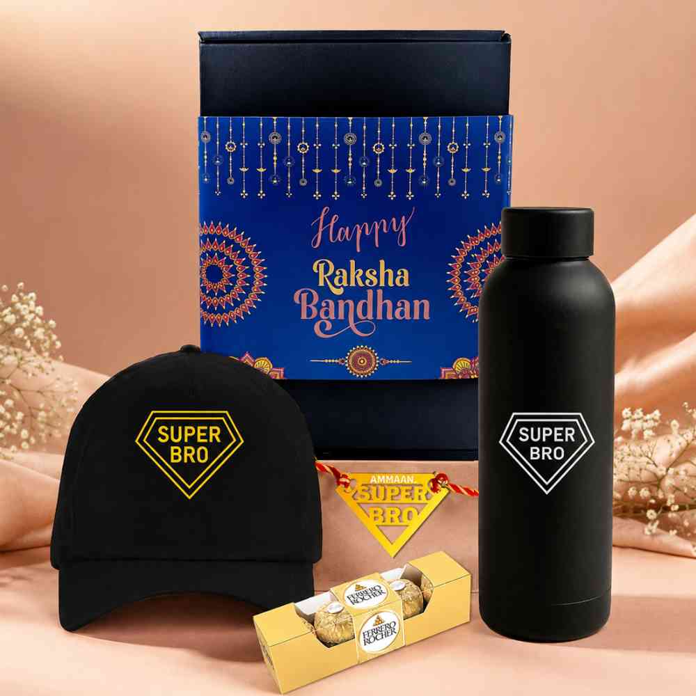 Raksha Bandhan Gift for Brother – Super Bro Black Cap with Golden Acrylic Rakhi - Image 2