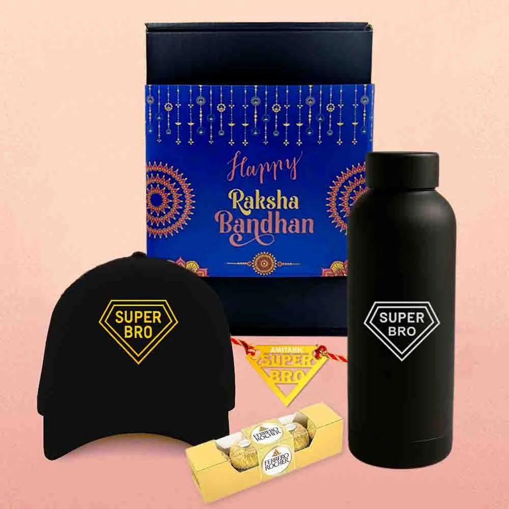 Raksha Bandhan Gift for Brother – Super Bro Black Cap with Golden Acrylic Rakhi - Image 3