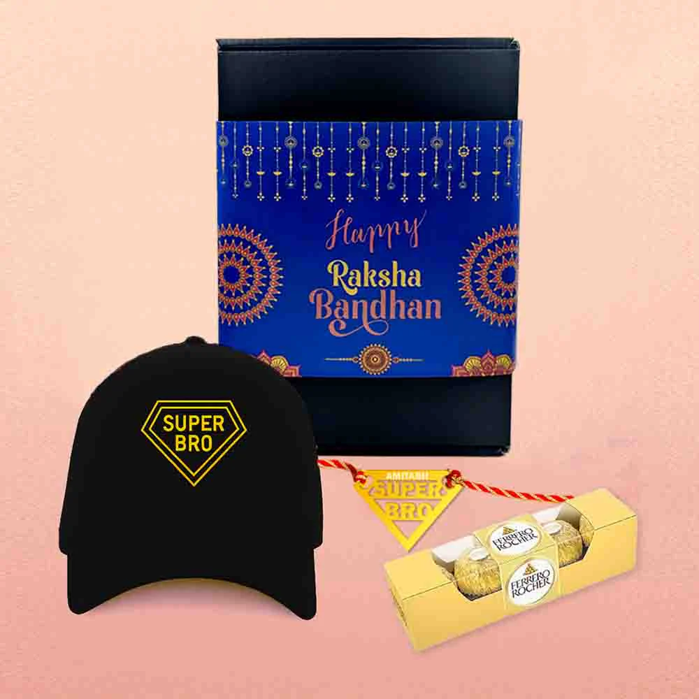 Raksha Bandhan Gift for Brother – Super Bro Black Cap with Golden Acrylic Rakhi - Image 4