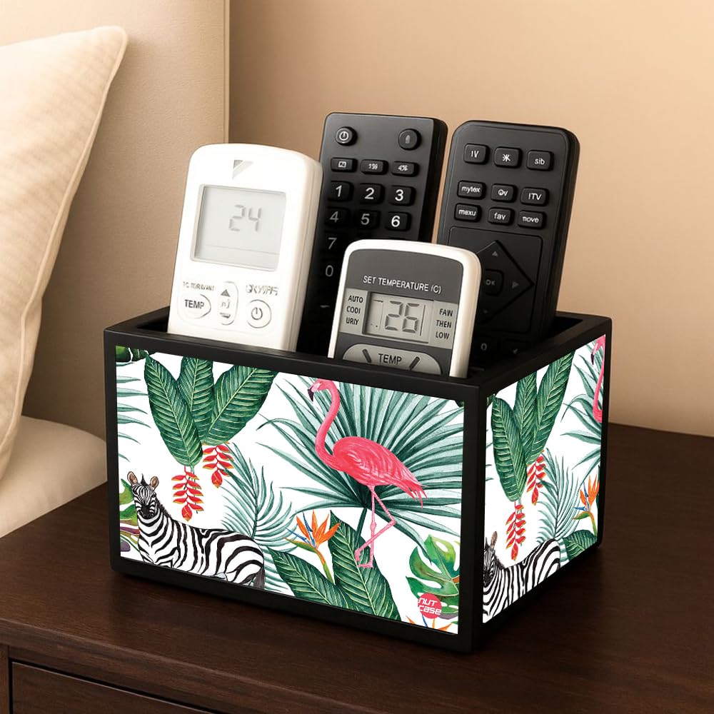 Designer Small TV Remote Holder For TV / AC Remotes - Leaves With Flamingo - Image 2