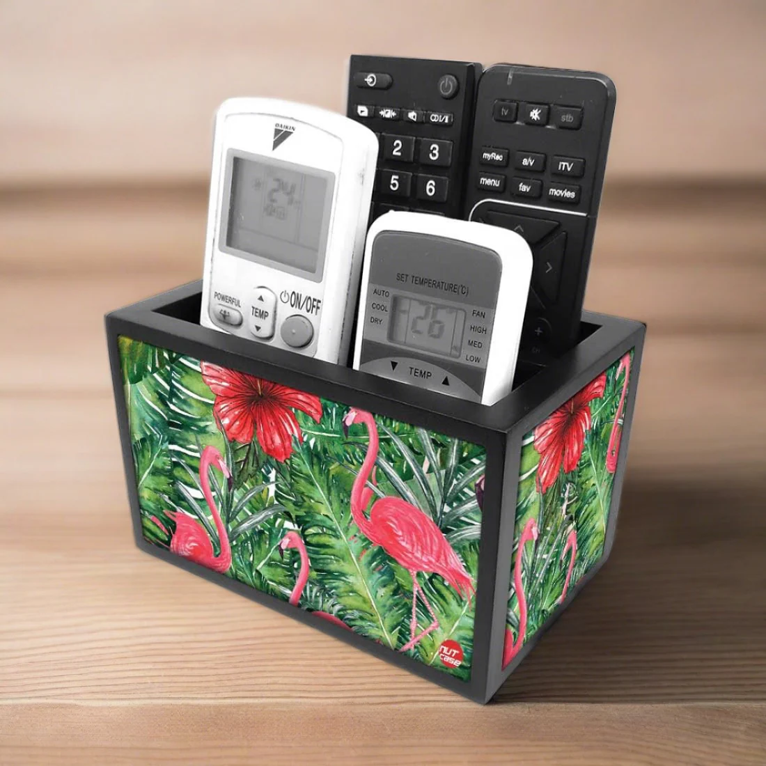 Floral Tv Remote Holder For TV / AC Remotes - Hibiscus Leaves With Flamingo - Image 2