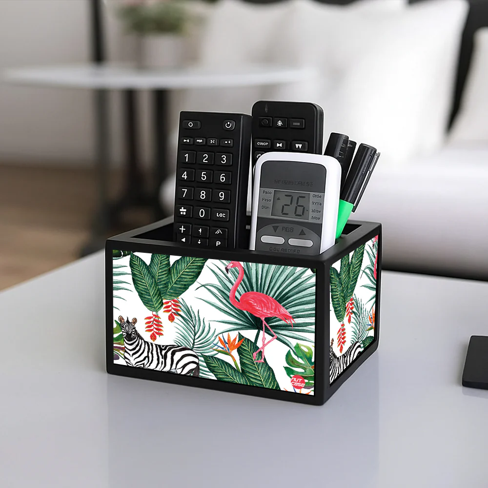 Cool Remote Control Holder For TV / AC Remotes - White Hibiscus Leaves With Flamingo