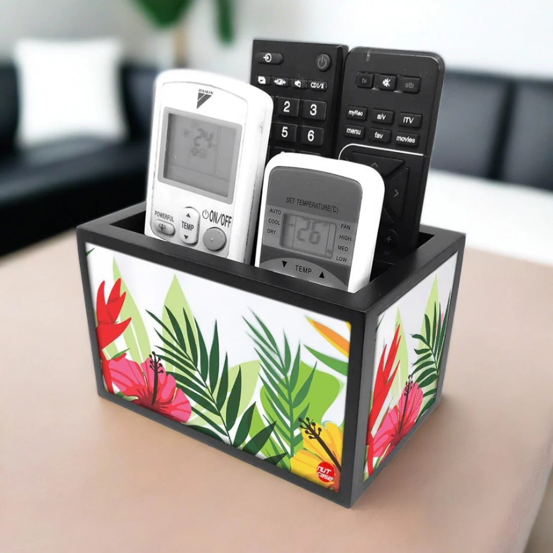 Designer Table Remote Control Holder For TV / AC Remotes - Green Leaves - Image 2